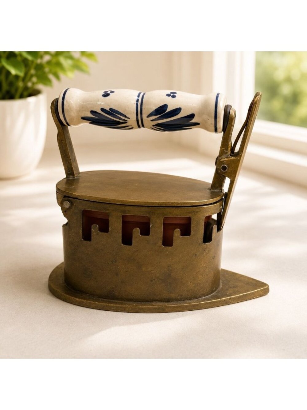 Antique Brass Coal Iron With Hand-Painted Ceramic Handle And Ventilation Design‎